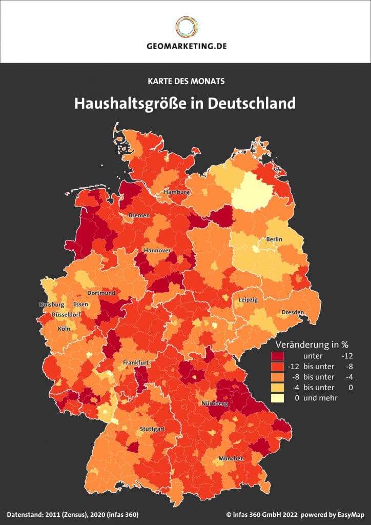 Karte mit der prozentualen Veränderung der Haushaltsgrößen in Deutschland.