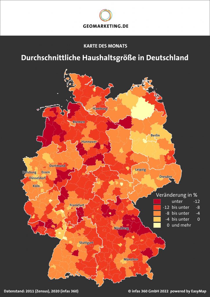 Karte zur durchschnittlichen Haushaltsgröße in Deutschland.